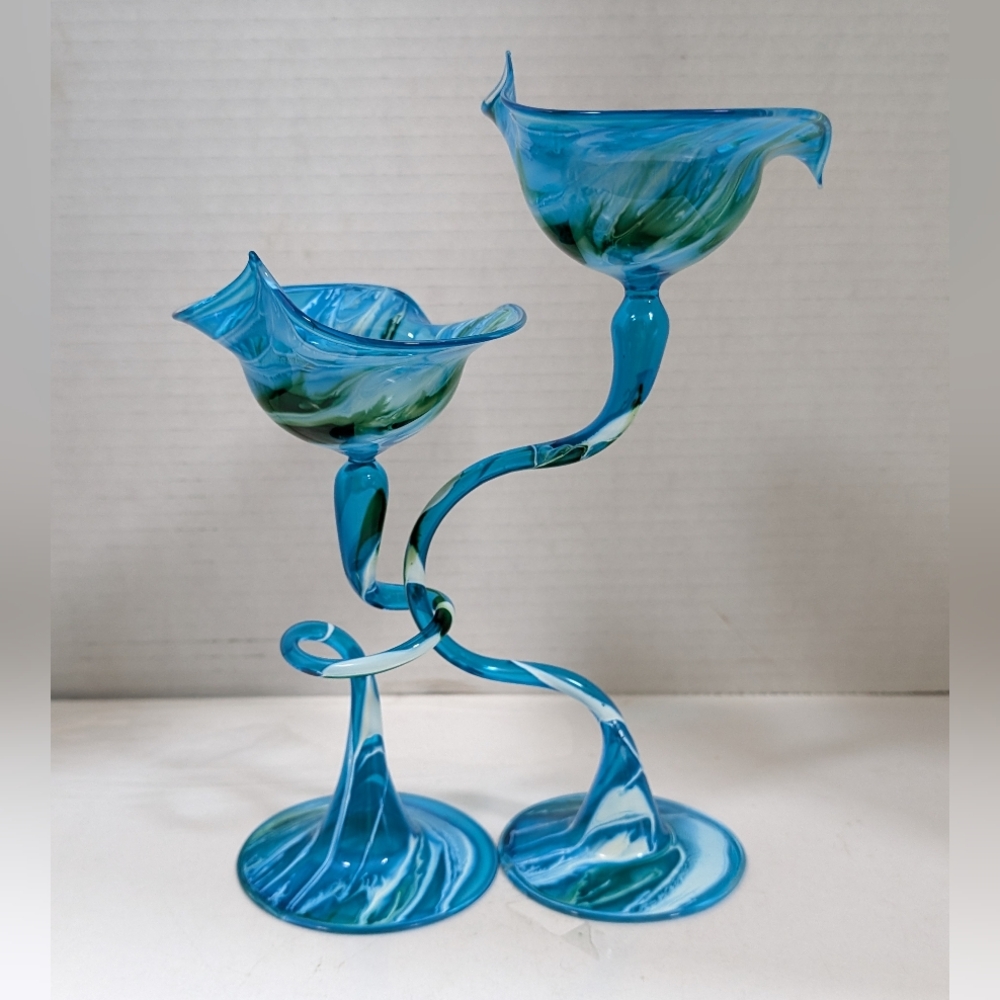 Vintage Hand Blown Glass Flame Glow by Penco Pair of 2 Candlesticks